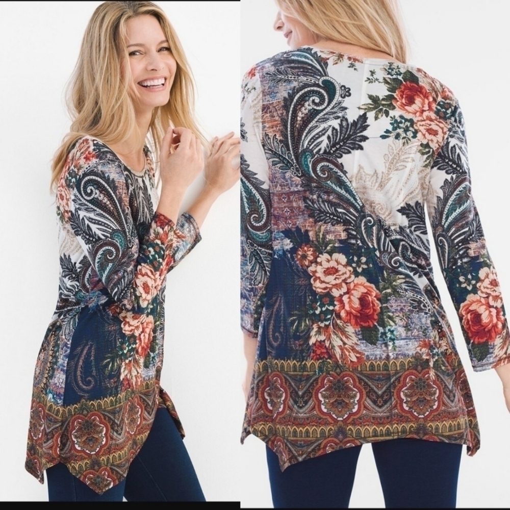 Chico's Zenergy Floral Paisley Tunic Top in Green Size 0 US 4/6